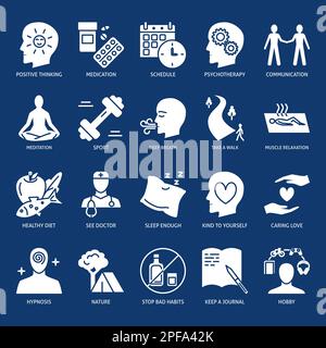 Icône de bien-être et de soulagement du stress dans le style glyphe. Autosoins, symboles de style de vie sain. Illustration vectorielle. Illustration de Vecteur