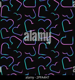 Motif fluide et tendance avec coeurs fluo lumineux isolés sur fond noir. Modèle de carré esthétique dégradé turquoise, violet et rose coeur pour Illustration de Vecteur