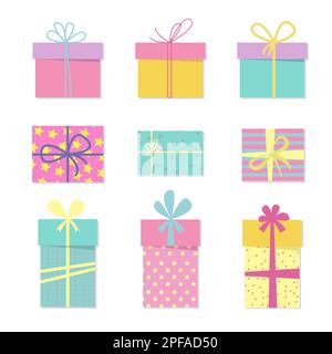 Coffrets cadeaux ensemble, cadeaux colorés enveloppés dans un style plat. Illustration de Vecteur