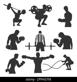 Homme de fitness silhouettes de gym, silhouettes d'exercice dans différentes poses Illustration de Vecteur