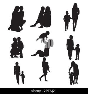 Silhouettes pour mère et fils, ensemble de silhouettes pour mère et enfant Illustration de Vecteur