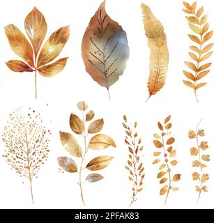 Vector Aquarelle ensemble de branches avec feuilles dorées, pour les invitations de mariage, couronne de golde, fonds d'écran, imprimés. Eucalyptus, feuilles vert olive. Illustration de Vecteur