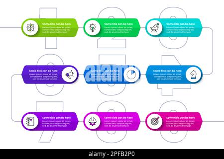 Modèle d'infographie avec icônes et 9 options ou étapes. Chronologie. Peut être utilisé pour la mise en page de flux de travail, le diagramme, la bannière, la conception Web. Illustration vectorielle Illustration de Vecteur