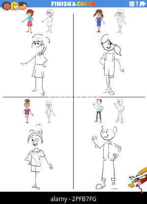 Illustration de dessin et de coloriage des feuilles de travail éducatives avec des personnages d'enfants ou d'adolescents Illustration de Vecteur