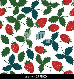 Motif fraise sans couture avec des feuilles isolées de fraise rouge et verte. Imprimé baies sur fond blanc Banque D'Images