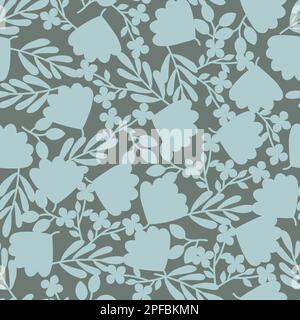 Silhouettes de fleurs sauvages dans des tons bleus. Motif fleuri sans coutures. Grandes et petites fleurs, brunches et feuilles Banque D'Images