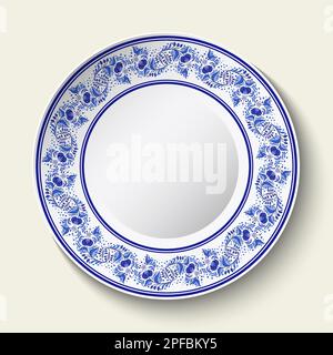 Assiette en porcelaine ornementale à motif ethnique bleu dans le style de la peinture chinoise sur la porcelaine. Plat décoratif isolé sur fond blanc. VVecto Illustration de Vecteur