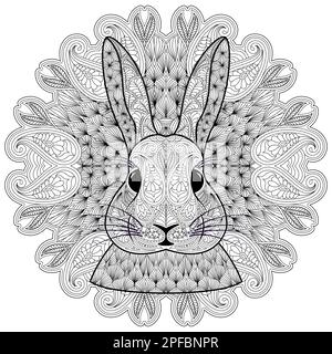 Tête de lapin à motifs et éléments circulaires en cachemire de style mandala inspirés du Zentangle. Motif décoratif de style ethnique indien oriental Henna, Mehnd Illustration de Vecteur