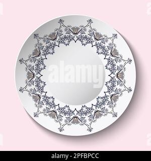 Assiette en porcelaine avec décoration florale bleue ronde. Plat blanc à motifs de style asiatique oriental. Soucoupe en céramique avec peinture à la fleur de cobalt nationale Illustration de Vecteur