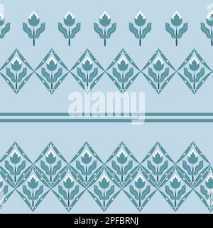 Motif fleuri géométrique et losange. Motif simple et élégant dans des tons bleus. Symétrie plate fleurs abstraites sur fond bleu. Imprimé batik Banque D'Images