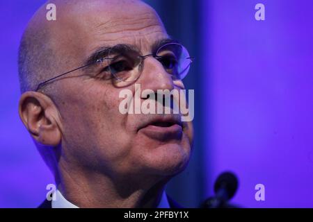 M. Nikolaos-Georgios Dendias, Ministre des affaires étrangères de la Grèce/de la République hellénique, adresse des invités à la Bibliothèque Morgan sur 16 mars 2023, à New York, aux États-Unis. Dendias a défini les principes de base de la candidature de la Grèce à un siège au Conseil de sécurité des Nations Unies. pour le terme 2025-2026. Les points clés sont les suivants: «Le règlement pacifique des différends, le respect du droit international et des principes de la Charte des Nations Unies, les femmes, la paix et la sécurité, le changement climatique et la sécurité, les enfants dans les conflits armés et la maritimessecurity». (Photo de John Lamparski/Sipa USA) Banque D'Images