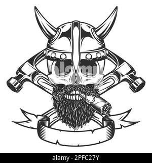 Crâne viking fumant cigare ou cigarette avec moustache et barbe et casque à cornes avec marteaux croisés de constructeur de la nouvelle construction et de remodelage Illustration de Vecteur