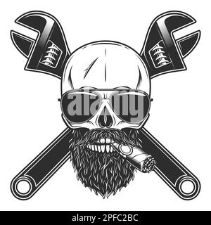 Crâne fumant un cigare ou une cigarette avec moustache et barbe dans des lunettes de soleil avec clé de construction pour tuyau de plomberie de gaz et de construction ou mécanicien Illustration de Vecteur