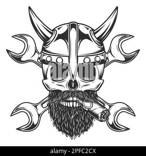 Crâne viking fumer cigare ou cigarette avec moustache avec barbe dans casque à cornes et clé de plomberie de construction ou voiture de réparation d'atelier de carrosserie Illustration de Vecteur