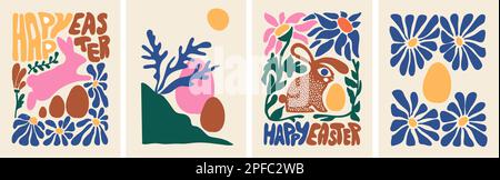 Cartes de vœux joyeuses Pâques illustrées en forme d'art matisse doodle. Collection éléments colorés : fleurs, lapin, feuille, panier, œuf et citation Illustration de Vecteur