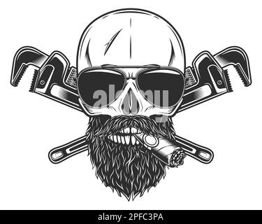 Crâne fumant un cigare ou une cigarette dans des lunettes de soleil avec moustache et barbe avec clé de construction pour tuyau de gaz et de construction ou mécanicien Illustration de Vecteur