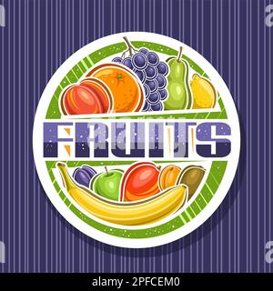 Logo vectoriel pour fruits, enseigne décorative blanche avec illustration de pêche douce de groupe, banane mûre, bouquet de raisins noirs, étiquette avec le unique le Illustration de Vecteur