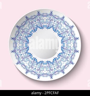 Assiette en porcelaine. Plat à motif bleu de style asiatique oriental. Vaisselle en céramique avec peinture nationale de fleur de cobalt décoration florale avec chinois an Illustration de Vecteur