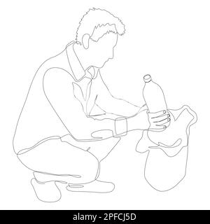 Une ligne continue d'homme ramassant les déchets de plastique dans le sac poubelle. Concept de vecteur d'illustration à trait fin. Dessin de contour idées créatives. Illustration de Vecteur