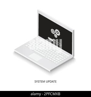Icône de mise à jour du logiciel sur l'ordinateur portable. Ordinateur portable avec panneau de chargement à l'écran. Ordinateur portable isométrique. Mise à niveau du système pour la conception de votre site Web, votre logo, votre application, votre interface utilisateur. Illustration de Vecteur
