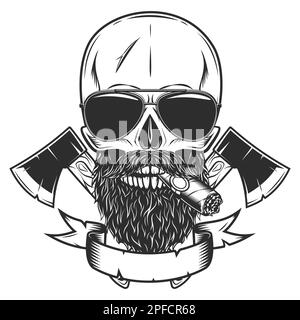 Crâne fumant cigare ou cigarette et lunettes de soleil avec moustache et barbe et outil de construction de hache en bois croisé. Travail du bois ou bûcheron Illustration de Vecteur