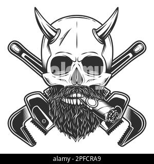 Vintage crâne fumant cigare ou cigarette avec corne et moustache avec barbe et clé de construction pour tuyau de plomberie de gaz et de construction ou mécanicien Illustration de Vecteur