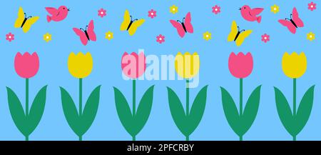 Paysage de printemps ou d'été. Bordure du champ de fleurs. Illustration vectorielle. Illustration de Vecteur