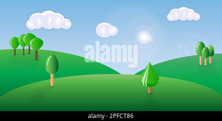 Décor rustique et lumineux. Vue pittoresque et ensoleillée avec 3D collines verdoyantes, nuages et arbres à l'horizon sur fond bleu ciel. Paysage de dessin animé simple et mignon. Illustration de Vecteur