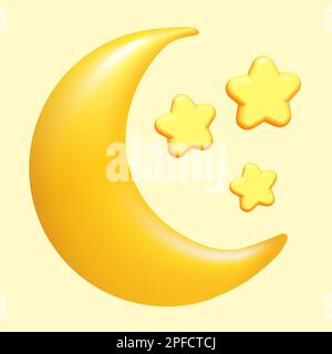 Croissant ou lune avec trois astérisques. Étoiles brillantes en croissant 3D et en trois dimensions. Dream, berceuse, symbole de rêve pour bannière, livret, poste Illustration de Vecteur