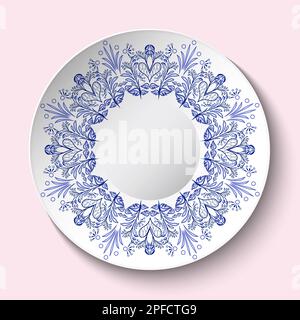 Plat en porcelaine à motif floral bleu circulaire. Assiette et décor blancs de style asiatique oriental. Soucoupe en céramique avec peinture nationale à la fleur de cobalt Illustration de Vecteur