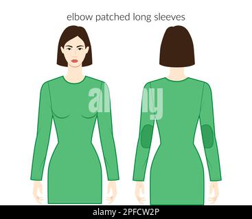 Coude appliqué manches longues vêtements caractère belle dame en vert haut, chemise, robe robes, hauts, chemises technique illustration de la mode. Modèle de vêtement plat. Femmes, hommes unisex CAD maquette Illustration de Vecteur