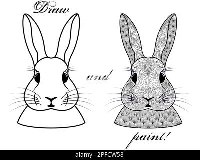 Page de livre à colorier avec tête à motifs de tigre ou de chat isolée sur fond blanc décor pour l'impression sur les vêtements et le tissu. Méditation et antistres Illustration de Vecteur