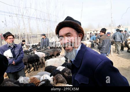 Uyghur avec leurs moutons et leurs bovins sur un grand marché hebdomadaire local de bétail dans la banlieue de Kashgar, Xinjiang, Chine. Banque D'Images