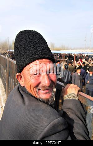 Uyghur avec leurs moutons et leurs bovins sur un grand marché hebdomadaire local de bétail dans la banlieue de Kashgar, Xinjiang, Chine. Banque D'Images