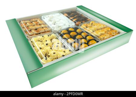 Gros plan paquet de biscuits indonésiens assortis pour célébrer l'eid al fitr (Kue Lebaran) sur fond blanc Banque D'Images