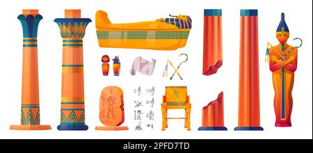 Ensemble de dessins animés d'éléments de design intérieur de temple égyptien isolé sur fond blanc. Illustration vectorielle de l'ancien sarcophage, statue de pharaon, or Illustration de Vecteur
