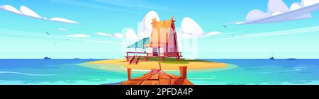 Cabane tropicale sur l'île de la plage avec paysage de dessin animé de la jetée. Bungalow maison mer paradis pour des vacances exotiques. Chalet en bois sur fond hawaï. Adventur Illustration de Vecteur