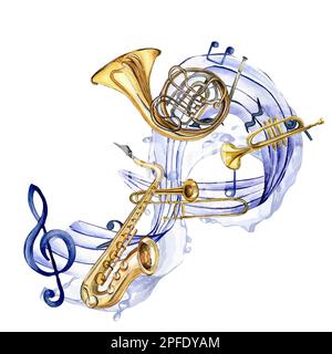 Symboles musicaux et instruments de musique à vent aquarelle illustration isolée sur blanc. Trompette, saxophone, tuba, corne française dessinée à la main. Elément pour Banque D'Images