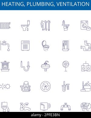 Mise en place des panneaux d'icônes de chauffage, de plomberie et de ventilation. Conception de la collection de chauffage, plomberie, ventilation, CVC, système, installation, maintenance Illustration de Vecteur