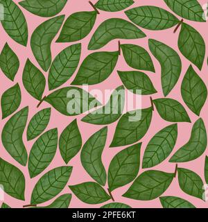 Feuilles vertes sur fond rose motif sans couture. Imprimé feuilles texturées dessinées à la main sur toute la surface. Toile de fond sans fin de printemps raster Banque D'Images