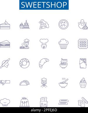 Mise en place des affiches pour les icônes de la gamme Sweetshop. Collection design de bonbons, sucreries, confiseries, chocolats, Toffee, Concept de contour caramel, gommies, pralines Illustration de Vecteur