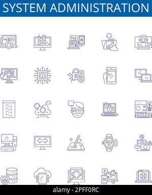 Icônes de la ligne d'administration du système signes ensemble. Collection de conception de sysadmin, Admin, Network, Maintenance, Automation, Surveillance, sécurité, correctifs Illustration de Vecteur