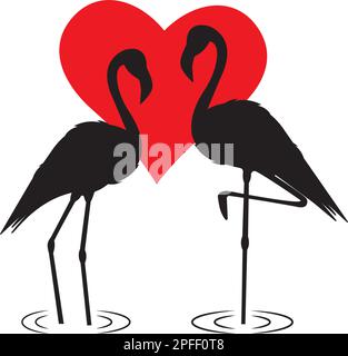 Silhouettes de couple flamangos avec coeurs rouges isolées sur fond blanc, vecteur. Couple flamants amoureux. Design minimaliste scandinave. Poste Illustration de Vecteur