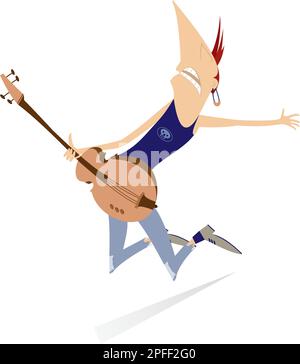 Guitariste de saut de dessins animés. Guitariste drôle avec guitare électrique isolée sur l'illustration blanche Illustration de Vecteur