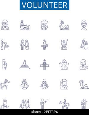 Mise en place des affiches des icônes de la ligne de bénévolat. Conception de la collection de dons, aide, servir, contribuer, participer, Vecteur de concept de l'aide, de la validation et de la réparation Illustration de Vecteur