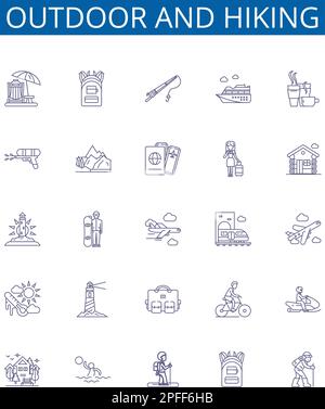 Des panneaux d'icônes de la ligne extérieure et de randonnée pédestre sont mis en place. Collection design de randonnée pédestre, plein air, Camping, sentiers, Backpacking, Montagne, aventure, plan d'escalade Illustration de Vecteur