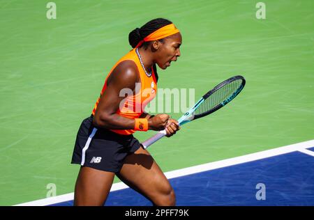 Coco Gauff des Etats-Unis en action lors du quart de finale de l'Open BNP Paribas 2023, tournoi de tennis WTA 1000 sur 15 mars 2023 à Indian Wells, Etats-Unis - photo: Rob Prange/DPPI/LiveMedia Banque D'Images