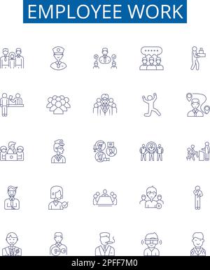 Les affiches des icônes de ligne de travail des employés sont mises en place. Conception de la collection employé, travail, main-d'œuvre, horaire, embauche, Vecteur de concept de performance, d'emploi et de motivation Illustration de Vecteur