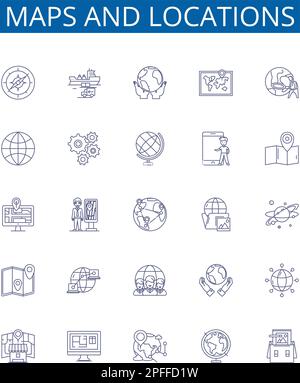 Cartes et emplacements icônes de ligne des panneaux de mise en place. Conception d'une collection de cartes, de lieux, de géographie, de cartes, de coordonnées, Repères, recherche de waypoints, Charting Illustration de Vecteur