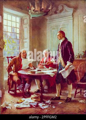 Thomas Jefferson, Benjamin Franklin et John Adams se rencontrent pour examiner une ébauche de la Déclaration d'indépendance, impression lithographique de Jean Leon Gerome Ferris, vers 1932 Banque D'Images